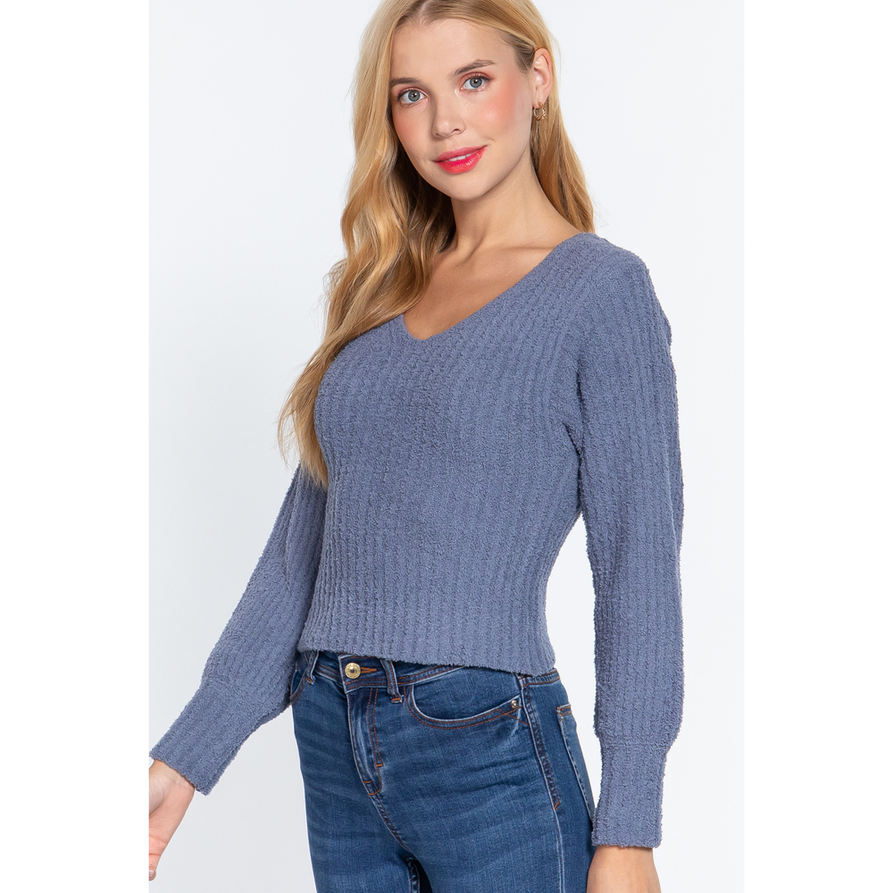 Long Puff Slv V-neck Rib Sweater - Picture 3 of 7